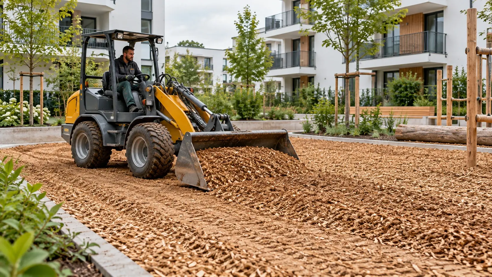 Maschinelles Verteilen von Hackschnitzeln auf einer Außenfläche