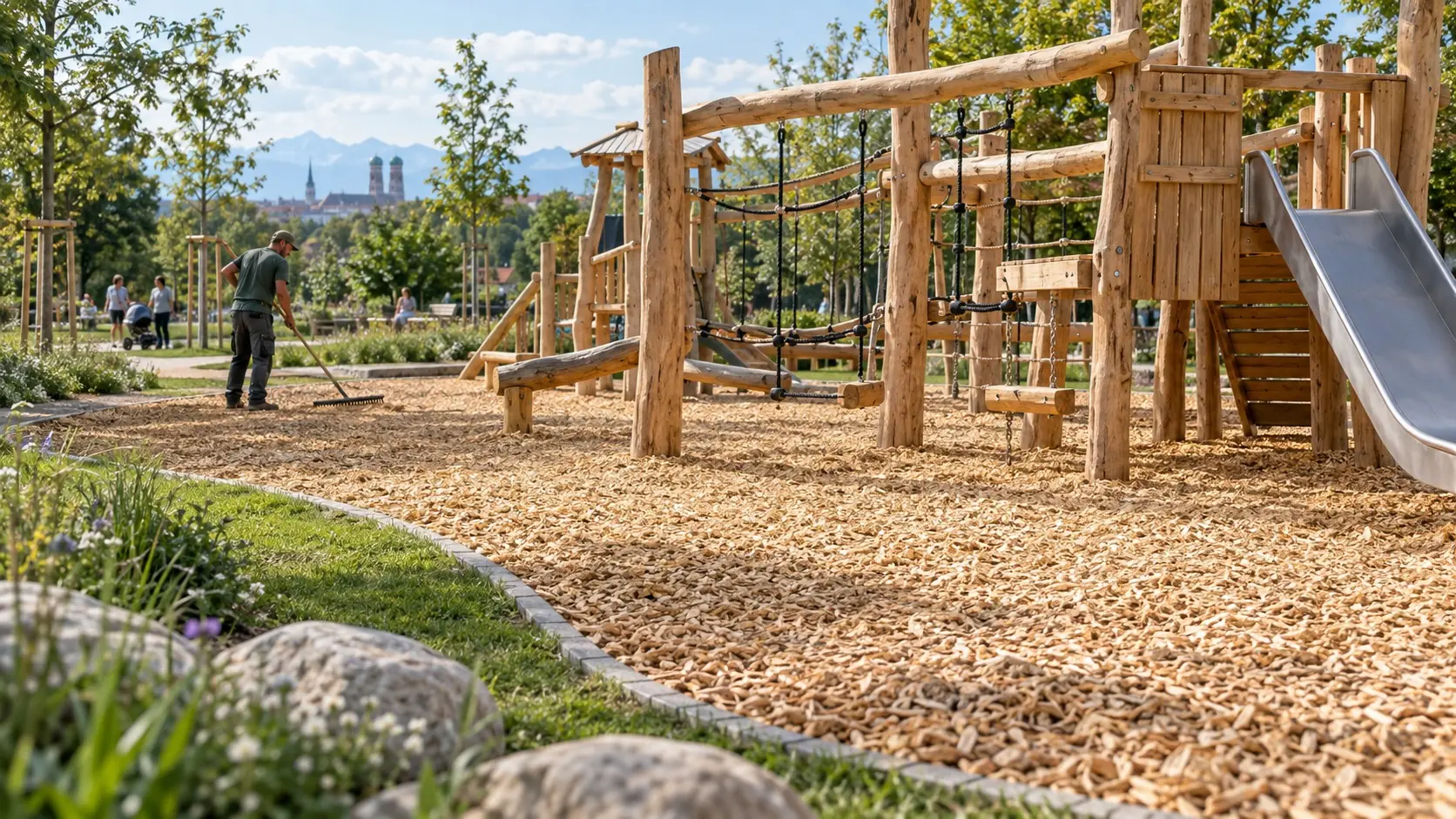 Fallschutz-Hackschnitzel unter Spielgeräten auf einem Spielplatz
