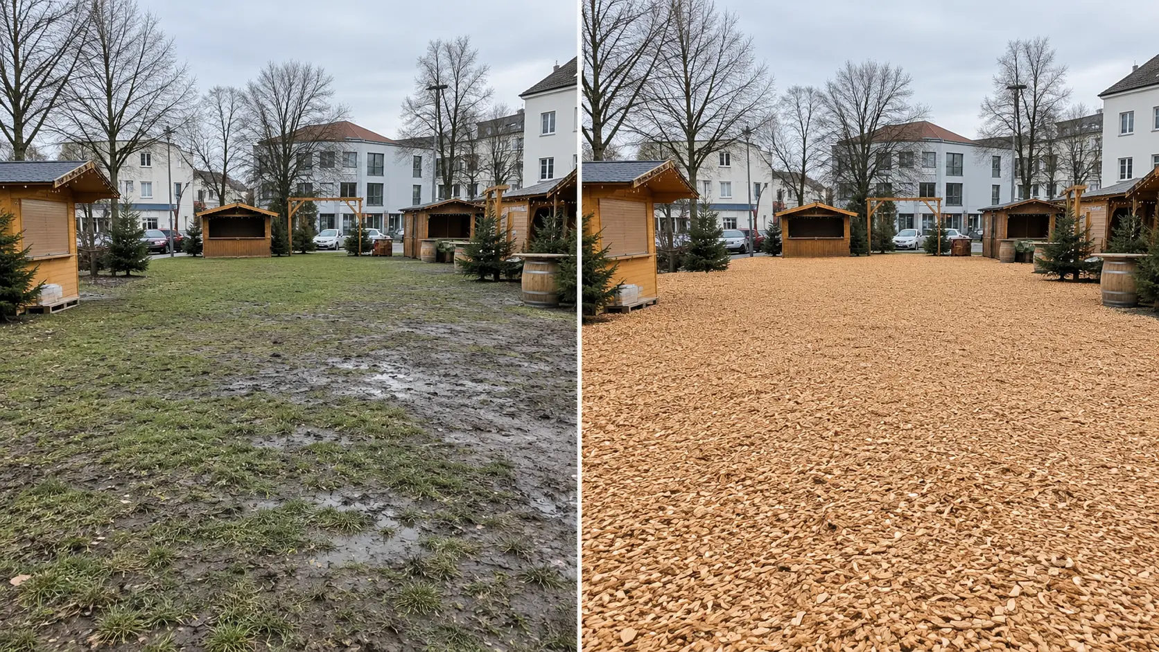 Veranstaltungsfläche vor und nach dem Einbau einer Hackschnitzeloberfläche