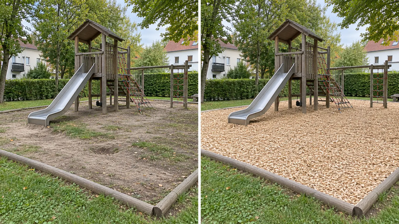 Spielplatzfläche vor und nach dem Einbau von Fallschutz-Hackschnitzeln