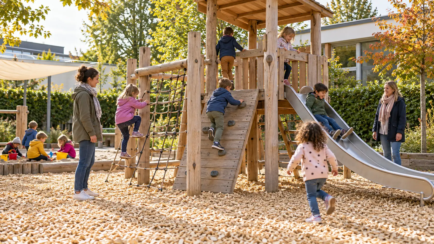 Kinder und pädagogische Fachkräfte auf einer Fallschutzfläche im Kindergarten