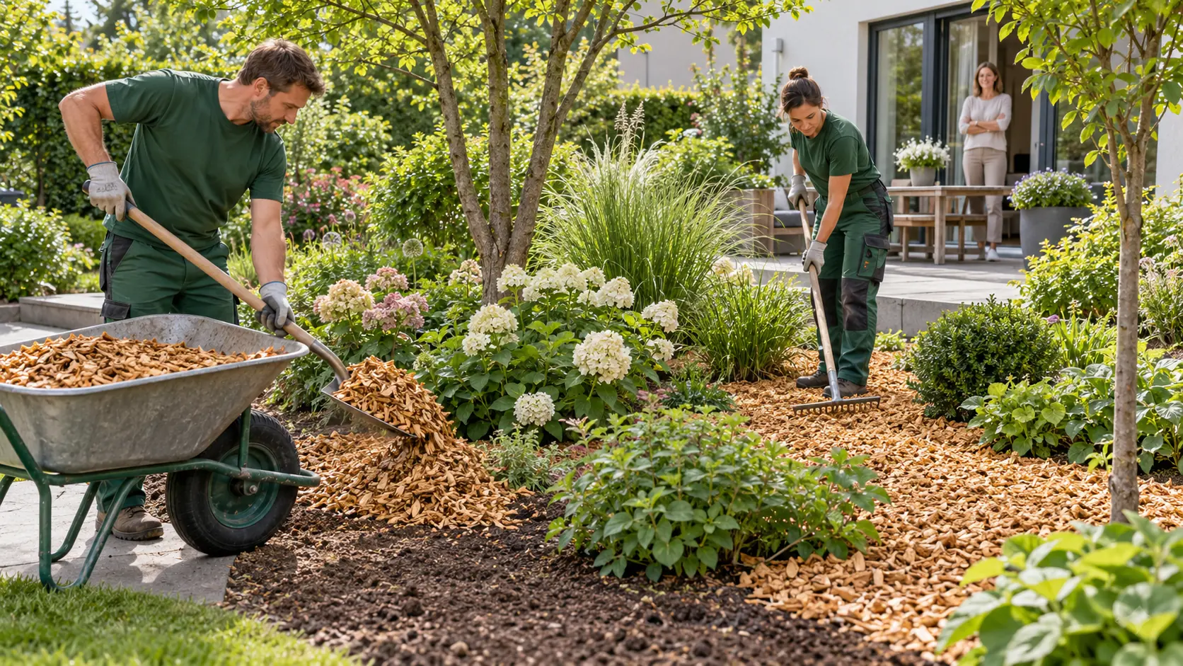Hackschnitzel werden von Hand gleichmäßig in einem Gartenbeet verteilt