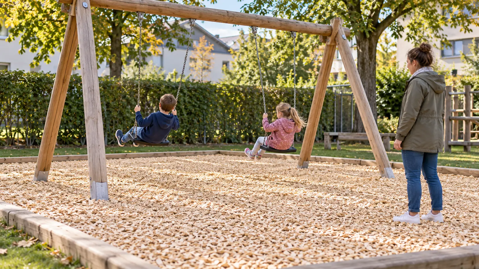 Kinder nutzen eine Schaukel über einer Fläche mit Fallschutz-Hackschnitzeln