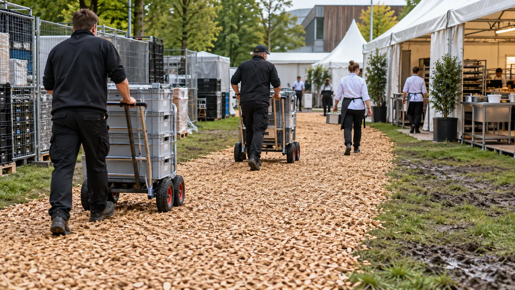 Temporärer Hackschnitzelweg im Backstage- und Servicebereich einer Veranstaltung