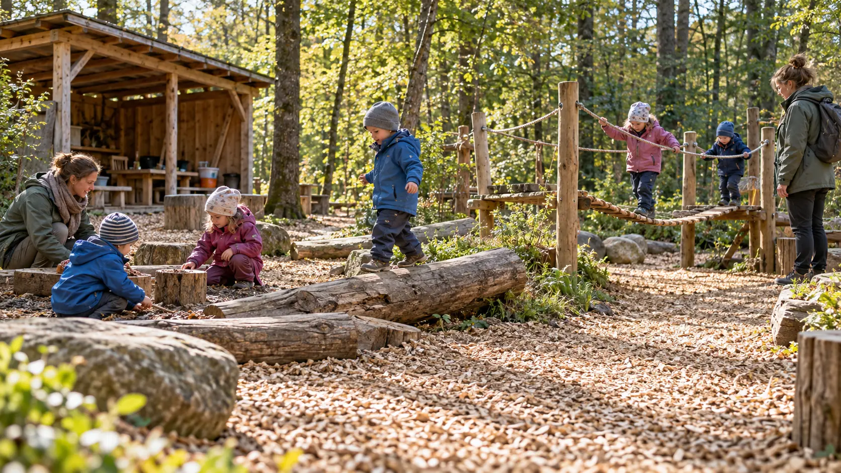 Waldkindergarten mit naturnahem Spielbereich auf Hackschnitzeln