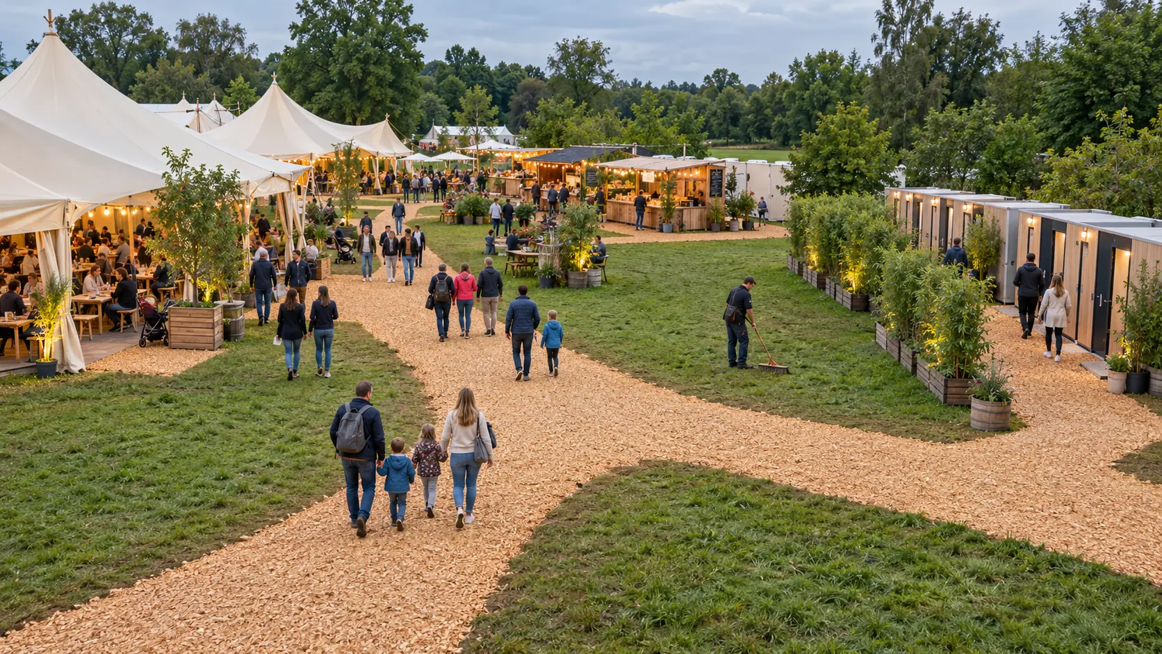 Hackschnitzelwege verbinden Festzelt, Gastronomie und Sanitärbereich