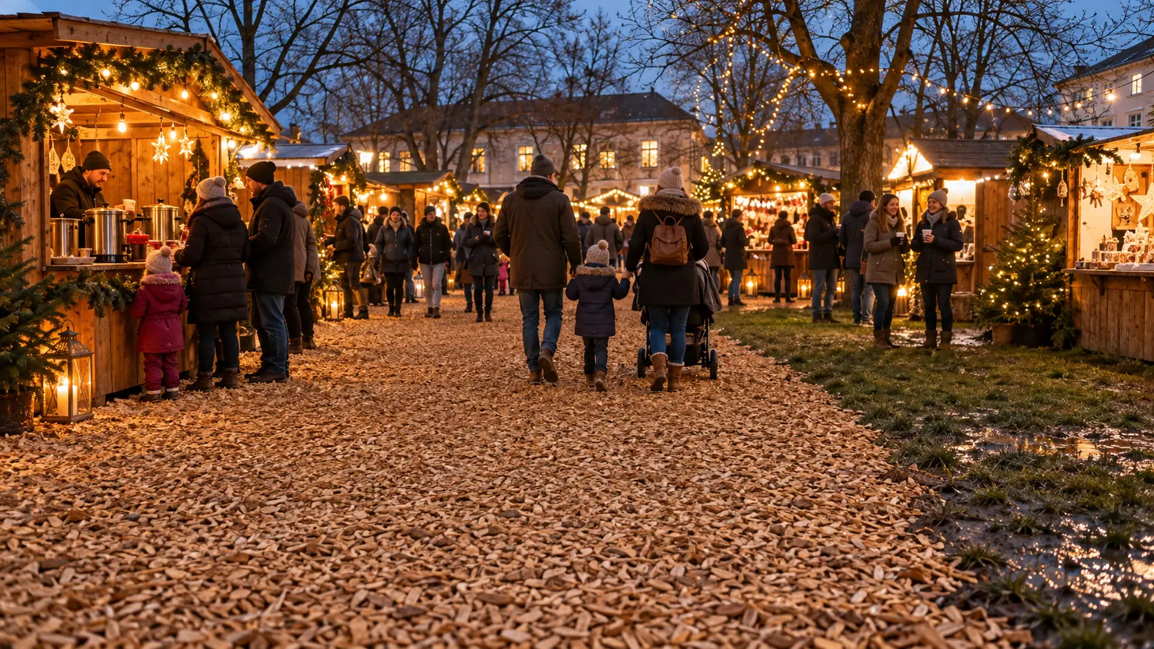 Temporäre Hackschnitzelfläche zwischen Marktständen eines Weihnachtsmarkts